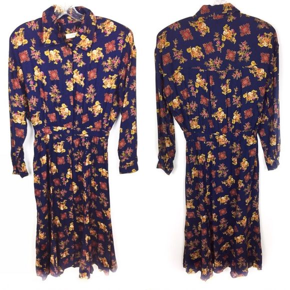 Vintage Dresses & Skirts - Vintage Floral Long Sleeve Boho Maxi Shirt Dress 8